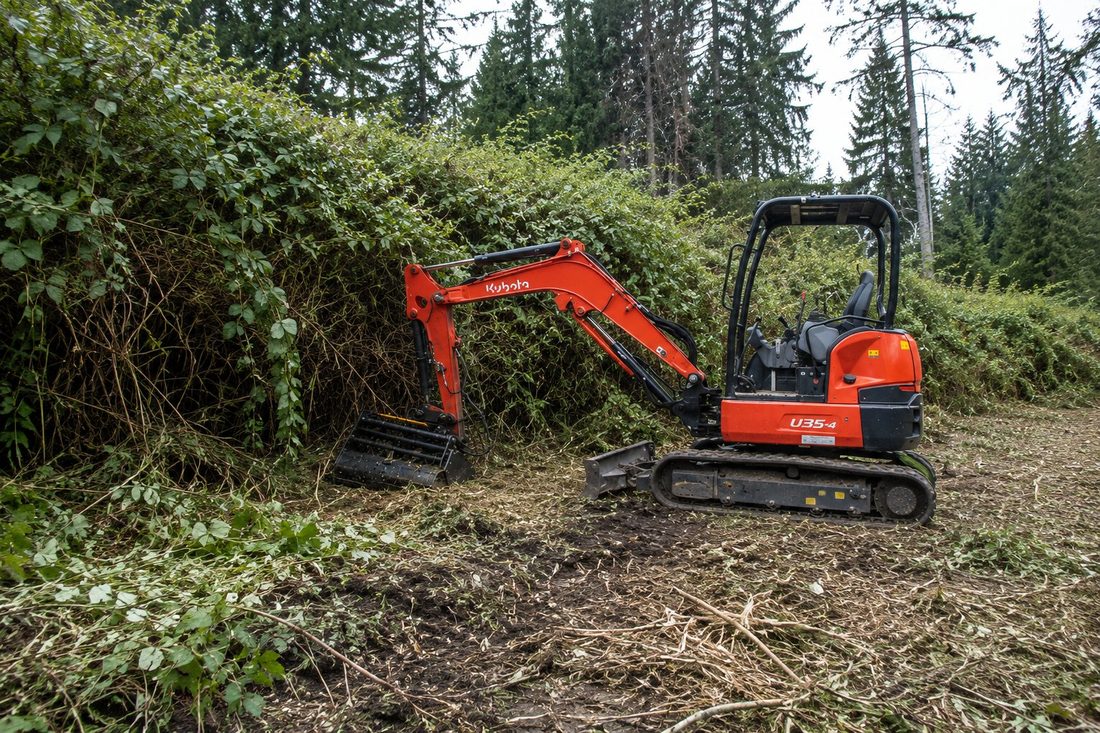 Blackberry and brush clearing with Kubota U35 in King County WA